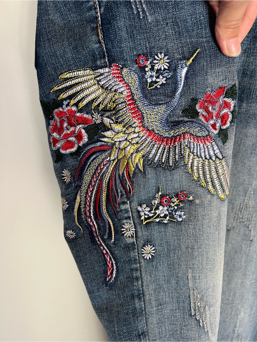 Size M Embroidered Phoenix Jeans Y2K Low Rise Skinny Blue Denim